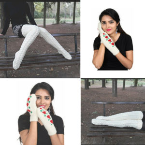 CELEBERATE this FESTIVE SEASON WITH KC STORE spl. COMBOS Handmade Woolen KC LEG WARMER with Cable & Stripes Design & WOOLEN GLOVES FLOWER DESIGN 100% Natural pure wool warm winter WARMER Handmade cozy rustic winter`s spl.